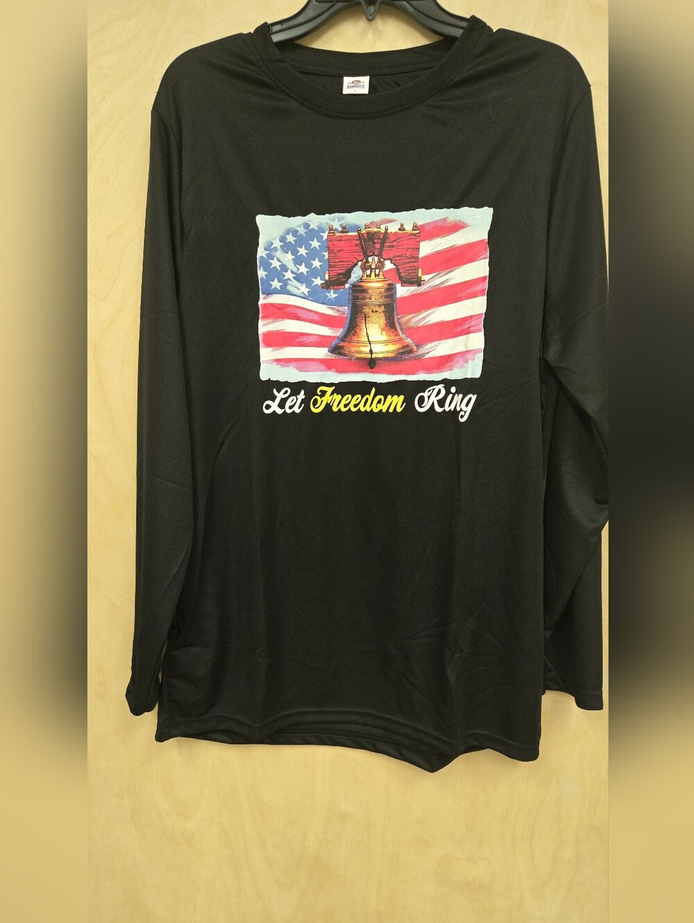 Men's Black Long Sleeve T Shirt With Flag Detail On Front. Size Large.